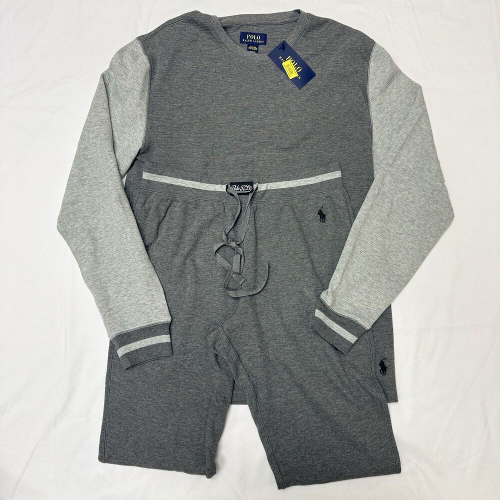 Polo Ralph Lauren Mens M Grey Waffle Knit Embossed Logo 2-Piece Sleep Pajama Set